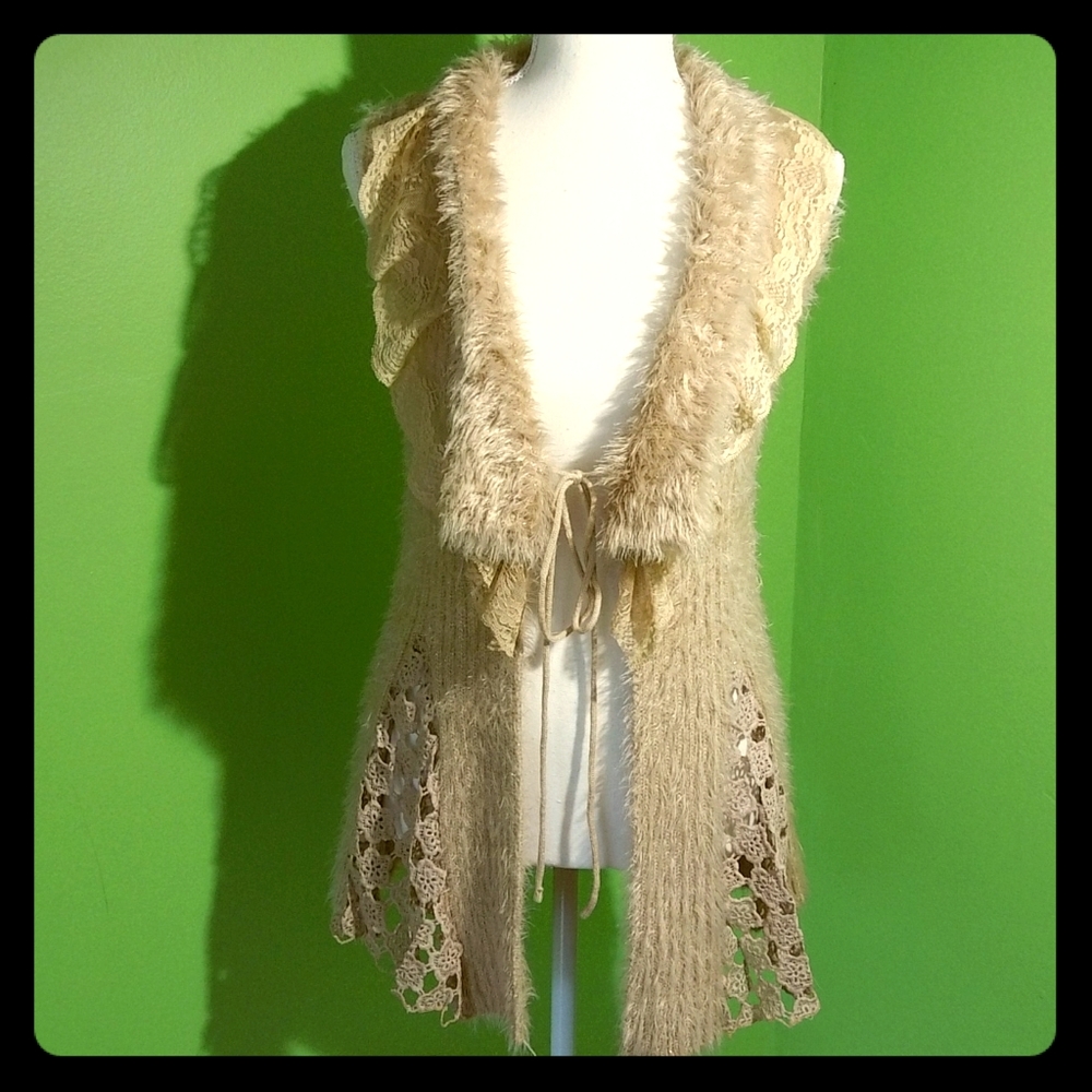 Lady Bug Fashion Tan Crochet Sweater Vest